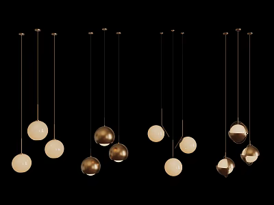 Stylish Pendant Lights with Various Designs Gold and White Spherical Shades Against Black Background 3d model