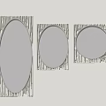 Three Oval Mirrors with Textured Frames as Wall Decor Featuring Artwork and Wooden Floor 3d model