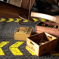 Decorative Ornament Set with Wooden Airplane Model on Round Wooden Tray and Yellow Arrow Pattern