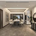 Modern Living Dining Room Interior With Floor-to-Ceiling Windows Sofa Coffee Table Marble Floor And Chandelier