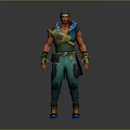 Muscular Game Movie Character With Gray White Short Hair Green Blue Outfit And Arm Guard