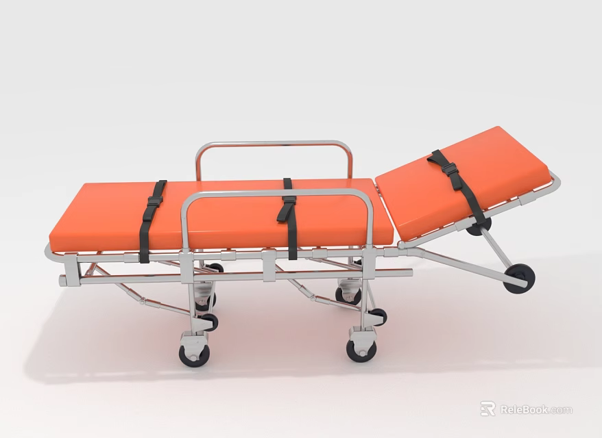 Commercial Medical Stretcher Equipment with Orange Surface Metal Frame Black Straps and Wheels 3d model 