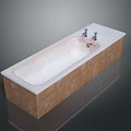 Modern Bathtub With White Interior And Brown Tile Exterior Featuring Dual Faucets