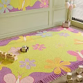 Square Rug With Floral Butterfly Patterns Vibrant Yellow Pink Purple Colors For Kids Room