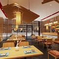 Warm Ambiance Japanese Restaurant Interior With Wooden Tables Chairs Orange Cushions Bar Counter Decorative Paintings