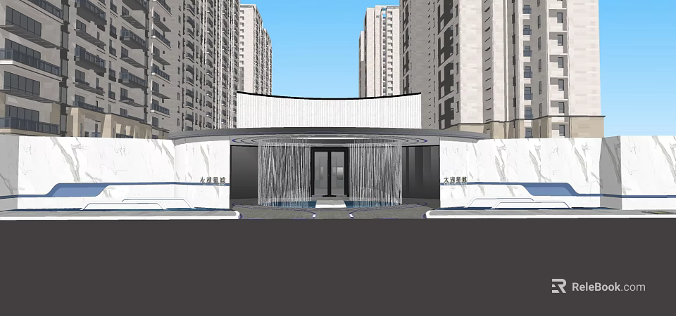 Modern Building Entrance With Waterfall Feature And Marble Walls Surrounded By High Rise Buildings 3d model 