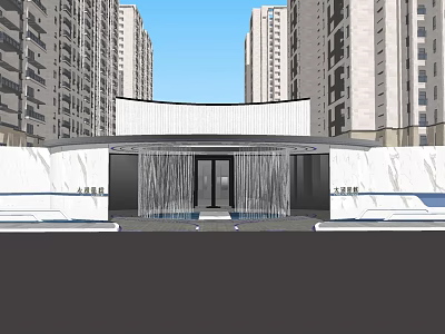 Modern Building Entrance With Waterfall Feature And Marble Walls Surrounded By High Rise Buildings 3d model