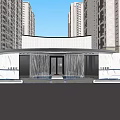Modern Building Entrance With Waterfall Feature And Marble Walls Surrounded By High Rise Buildings