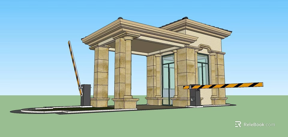 Classical Stone Pillar Portico Entrance With Glass Doors And Barrier Gate 3d model 