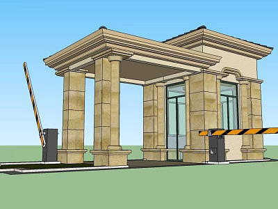 Classical Stone Pillar Portico Entrance With Glass Doors And Barrier Gate 3d model