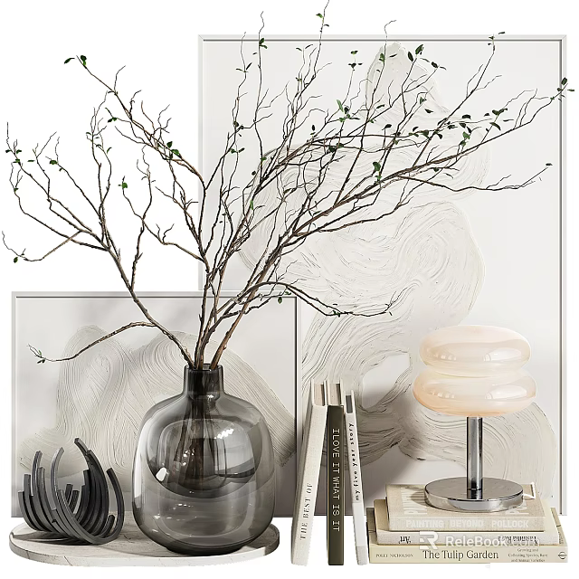 Modern Home Decorative Ornament Set With Glass Vase Branches Lamp And Stacked Books 3d model 