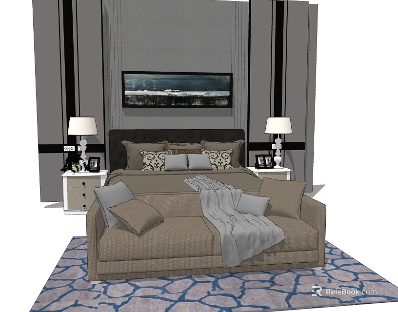 Comfortable Background Double Bed with Gray Wall Long Painting Bedside Tables and Sofa 3d model
