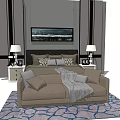 Comfortable Background Double Bed with Gray Wall Long Painting Bedside Tables and Sofa 3d model