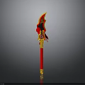 Traditional Decorative Weapon With Red Long Handle Golden Decorations And Flame Like Top Design