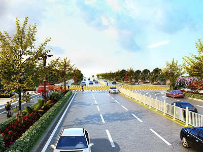 Urban Road Infrastructure with Traffic Lanes Vehicles Green Belts Street Lamps and Guardrails 3d model