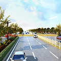 Urban Road Infrastructure with Traffic Lanes Vehicles Green Belts Street Lamps and Guardrails