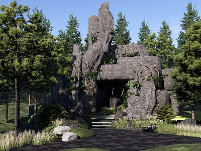 Scenic Stone Wood Entrance Structure With Vines And Forest Trees Around Steps 3d model