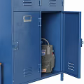 Blue Storage Lockers With Hanging Jacket Red Duffel Bag And Shoes