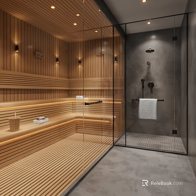 Modern SPA Sauna Interior Design With Wooden Panels And Glass Partition 3d model 