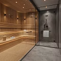 Modern SPA Sauna Interior Design With Wooden Panels And Glass Partition