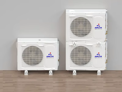 Three AUX White Air Conditioner Outdoor Units Against Light Wall 3d model