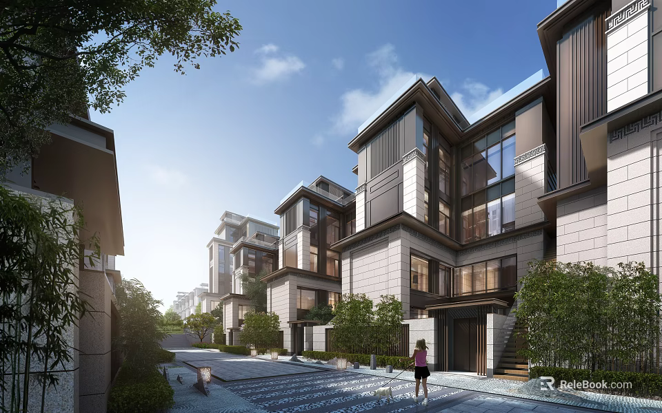Modern Detached Villa With Multi Storey Structure Large Glass Windows Stone Pathway And Green Plants 3d model 