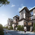 Modern Detached Villa With Multi Storey Structure Large Glass Windows Stone Pathway And Green Plants