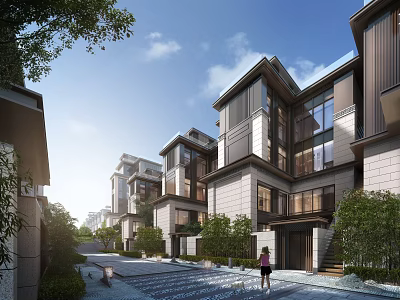 Modern Detached Villa With Multi Storey Structure Large Glass Windows Stone Pathway And Green Plants 3d model