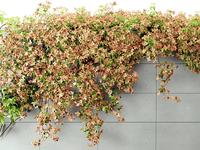 Green and Brown Hanging Vines with Leaves and Flowers Covering Gray Wall 3d model