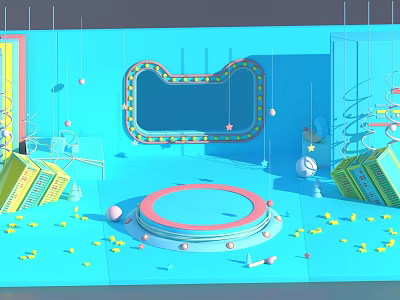 Colorful Decorative Scene With Blue Background Circular Red Platform Yellow Small Objects And Hanging Decorations 3d model