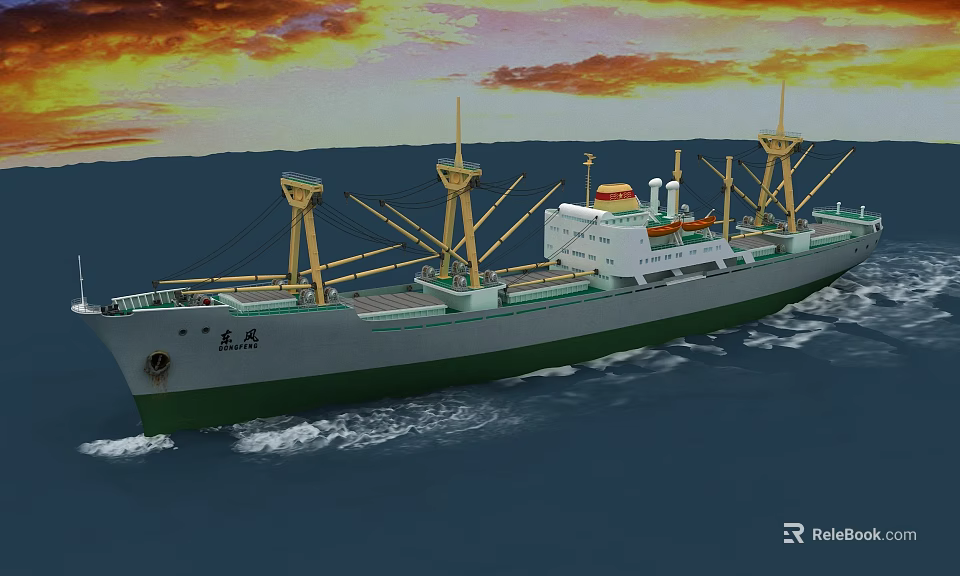 Green And White Cargo Ship Sailing On Sea At Sunset 3d model 