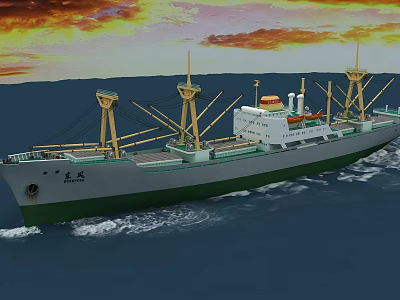 Green And White Cargo Ship Sailing On Sea At Sunset 3d model Green And White Cargo Ship Sailing On Sea At Sunset 3d model