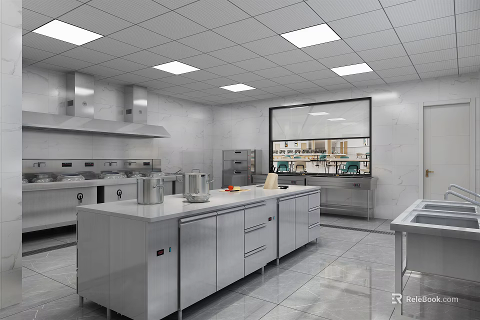 Commercial Kitchen Interior With Stainless Steel Countertops Cabinets And Recessed Lighting 3d model 