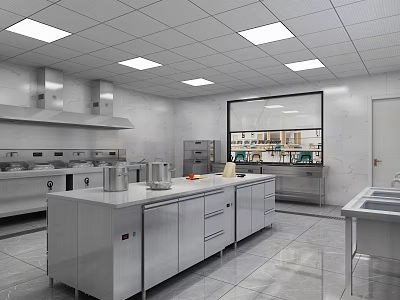 Commercial Kitchen Interior With Stainless Steel Countertops Cabinets And Recessed Lighting 3d model