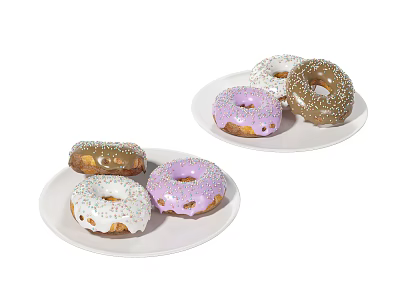 Colorful Donuts With Various Frostings And Sprinkles On White Plates 3d model