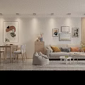 Modern Open Living And Dining Room Interior With Sofa Dining Table Artworks And Wooden Accents