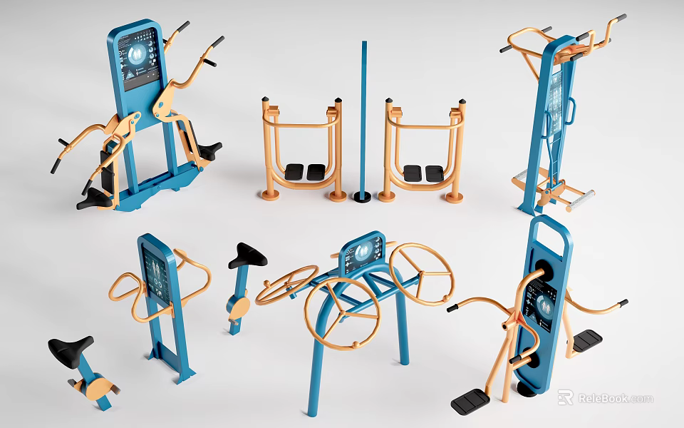Various Outdoor Fitness Equipment Collection Featuring Blue And Orange Workout Machines 3d model 