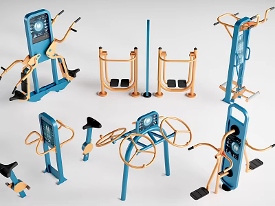 Various Outdoor Fitness Equipment Collection Featuring Blue And Orange Workout Machines 3d model