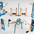 Various Outdoor Fitness Equipment Collection Featuring Blue And Orange Workout Machines
