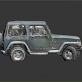 Vintage Green Jeep Wrangler With Worn Exterior And Broken Windows