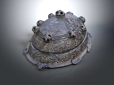 Intricate Aquatic Animal Engravings on Ancient Bronze Ware Lid with Small Round Holes 3d model