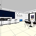 Modern Lounge Interior With Tables Chairs Paintings Shelves And Hexagonal Decorations