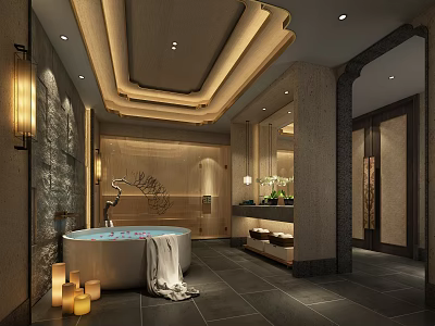 Elegant Spa Sauna Interior With Bathtub Candles Towel And Natural Stone Walls 3d model