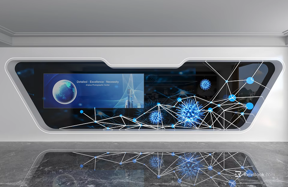 Hi Tech Digital Background Wall With Globe Network Nodes And Blue Tech Elements 3d model