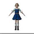 A Woman In Blue Overall Dress With White Top And Green Hair Accessories Standing Pose