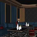 Elegant Modern KTV Interior With Blue Leather Sofas Geometric Flooring And Red Stools 3d model