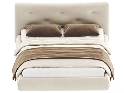 Double Bed With Beige Button Tufted Headboard Brown Pillows White Sheets And Brown Blanket 3d model