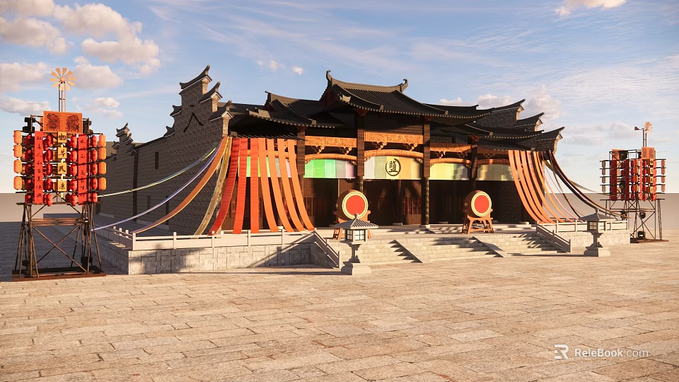 Ancient Chinese Architecture With Traditional Roof Wooden Structure And Stone Steps Plaza 3d model 