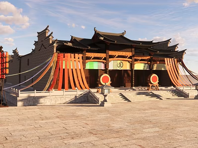 Ancient Chinese Architecture With Traditional Roof Wooden Structure And Stone Steps Plaza 3d model
