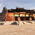 Ancient Chinese Architecture With Traditional Roof Wooden Structure And Stone Steps Plaza